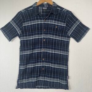 Patagonia Button Up Organic Cotton Men XS Plaid Seersucker Blue Short Sleeve